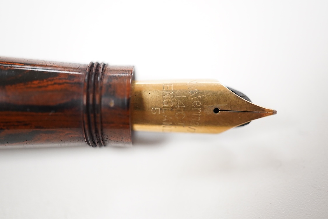 A Waterman FDW. 9ct. gold lined pattern fountain pen fitted with No.2 Waterman nib - good condition other than initials removed from cartouche